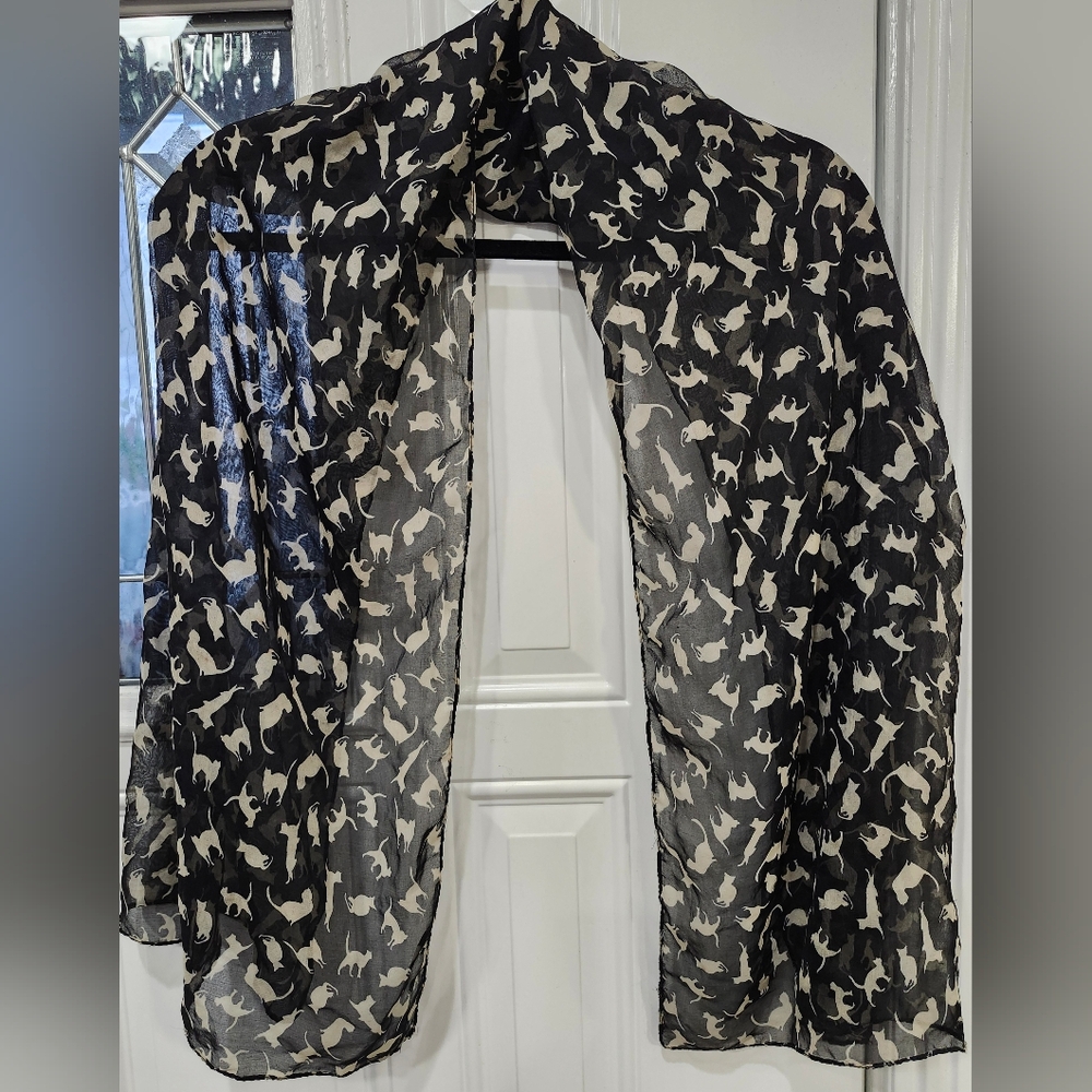 Black Sheer Scarf With Ivory Colored Cat All Over Print